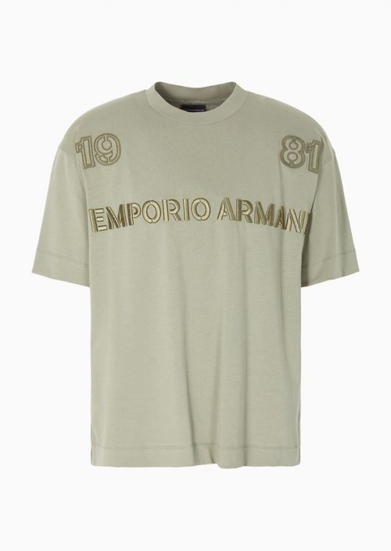 Green Emporio Armani Heavyweight Jersey T-shirt With Embossed Emporio Armani 1981 Embroidery | EA-SN58640