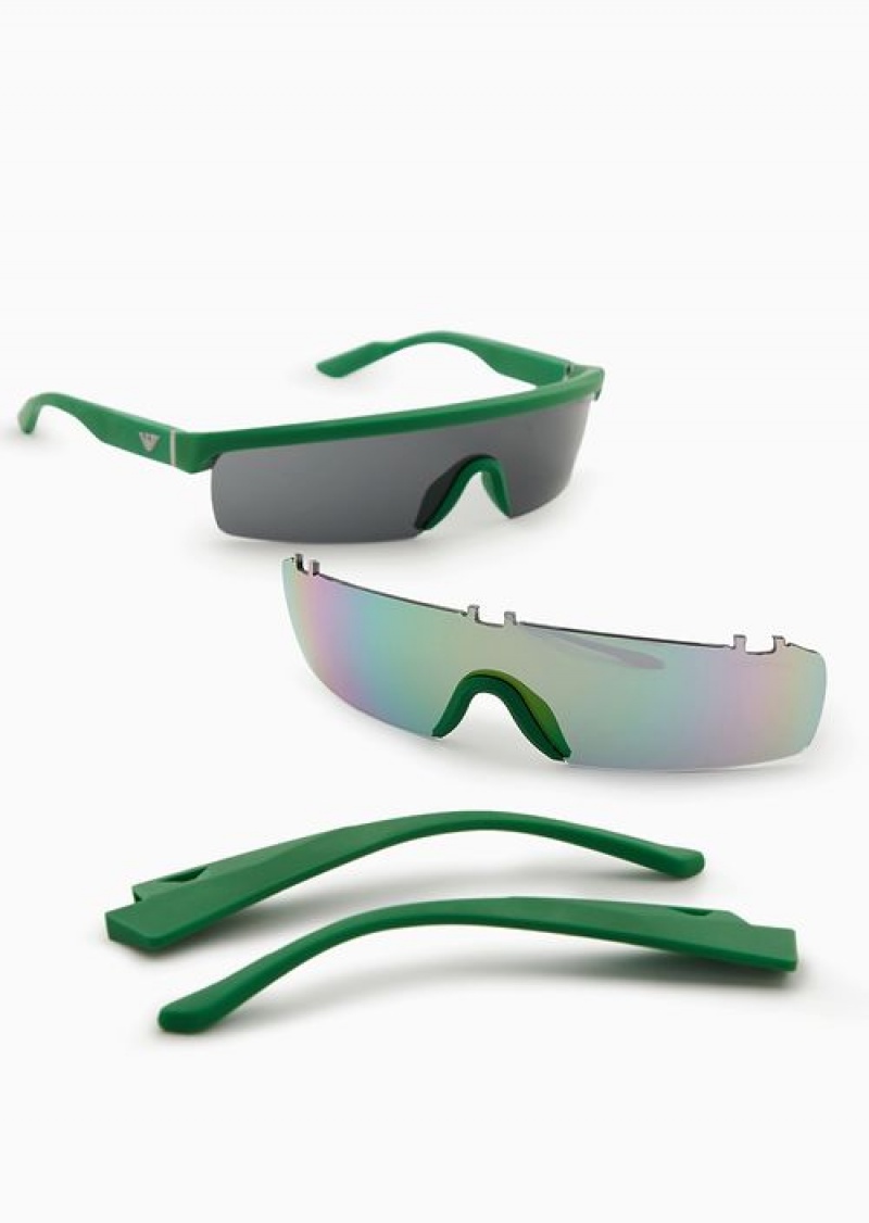 Green Emporio Armani Men’s Rectangular Sunglasses With Interchangeable Lenses | EA-SN59468