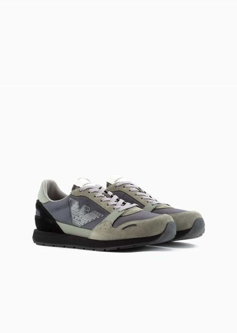 Green Emporio Armani Mesh Sneakers With Suede Details And Eagle Patch | EA-SN58991