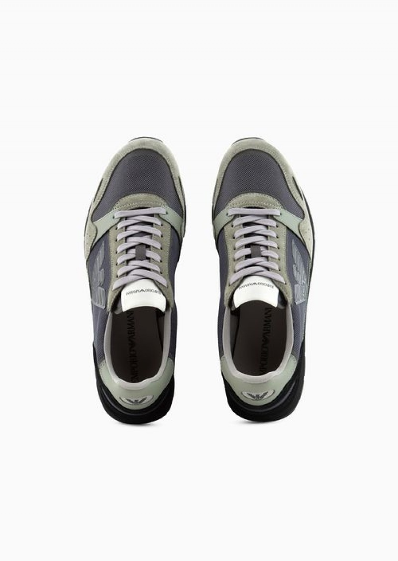 Green Emporio Armani Mesh Sneakers With Suede Details And Eagle Patch | EA-SN58991