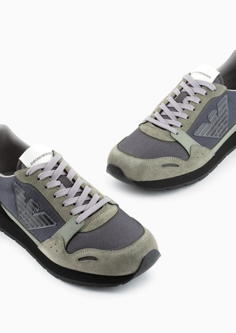 Green Emporio Armani Mesh Sneakers With Suede Details And Eagle Patch | EA-SN58991