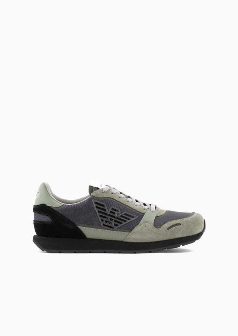 Green Emporio Armani Mesh Sneakers With Suede Details And Eagle Patch | EA-SN58991