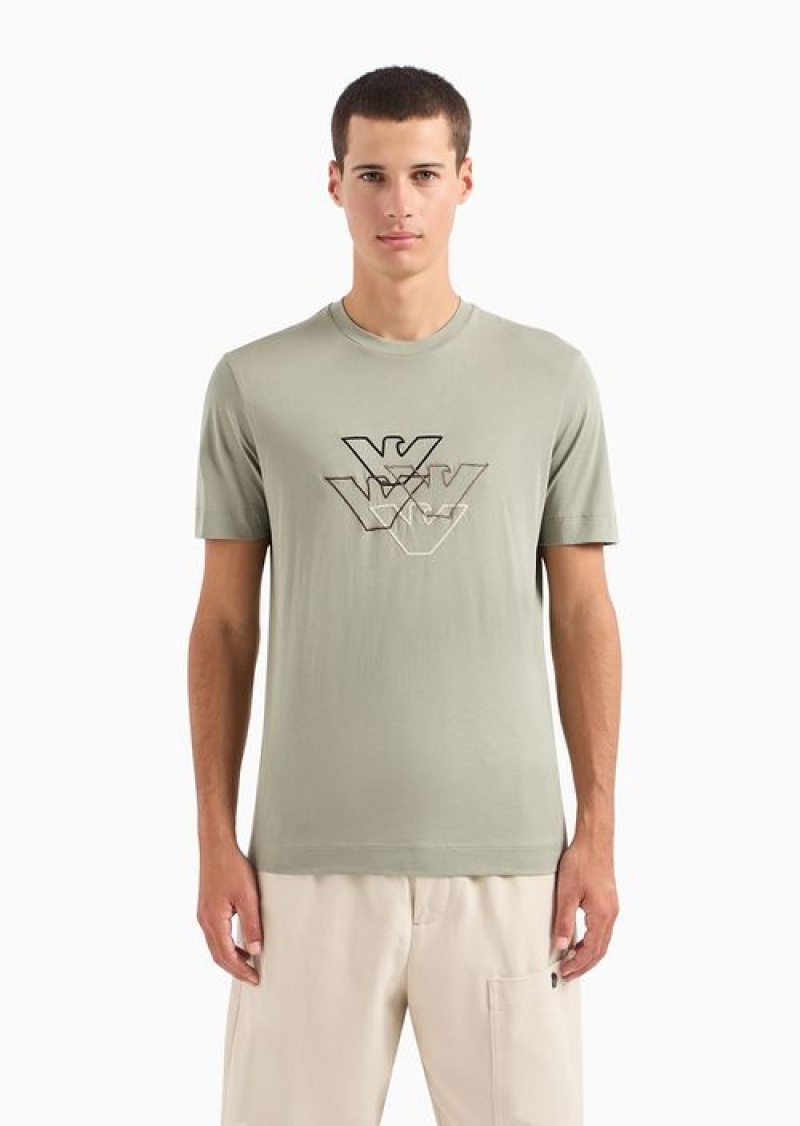 Green Emporio Armani Pima Jersey T-shirt With Logo Embroidery | EA-SN58602