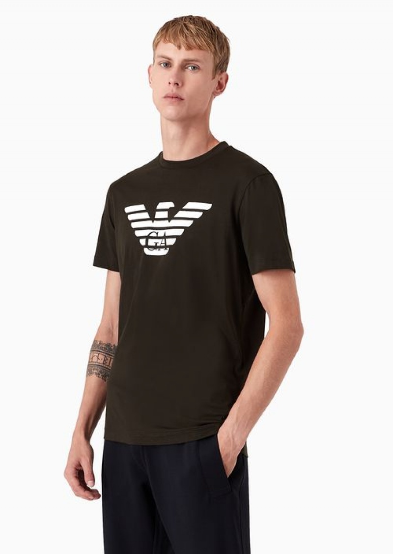 Green Emporio Armani Pima-jersey T-shirt With Logo Print | EA-SN58709