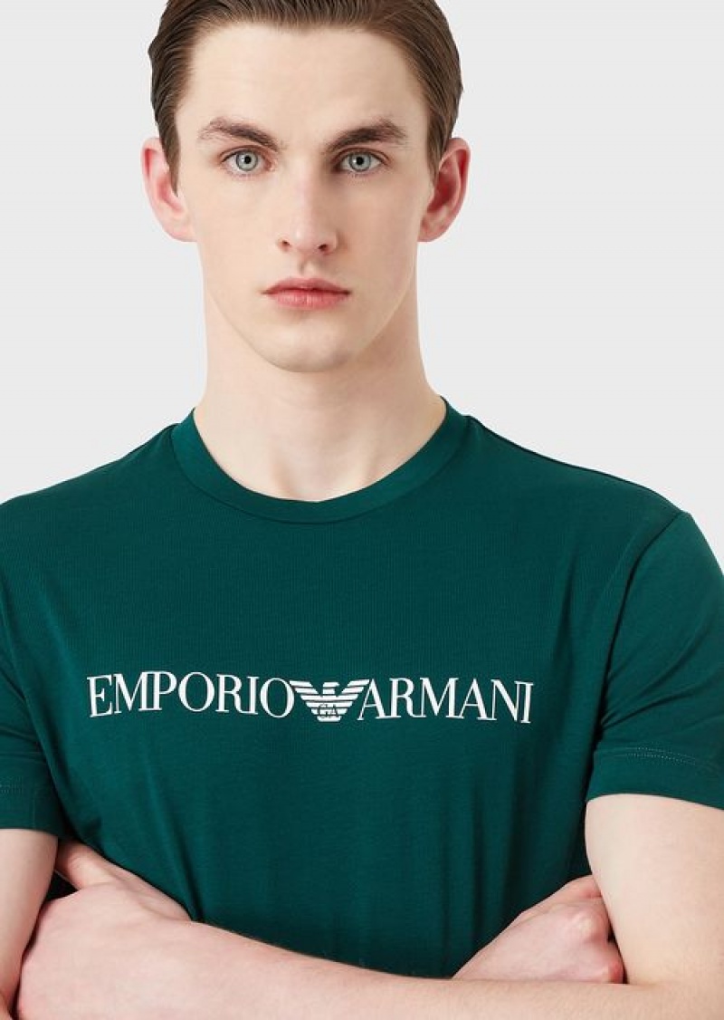 Green Logo Emporio Armani Pima-jersey T-shirt With Logo Print | EA-SN58706