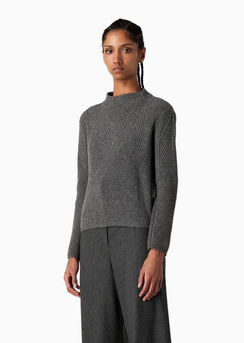 Grey Emporio Armani Asv Cob-stitch And Ribbed Virgin Wool Mock-neck Jumper | EA-SN56661