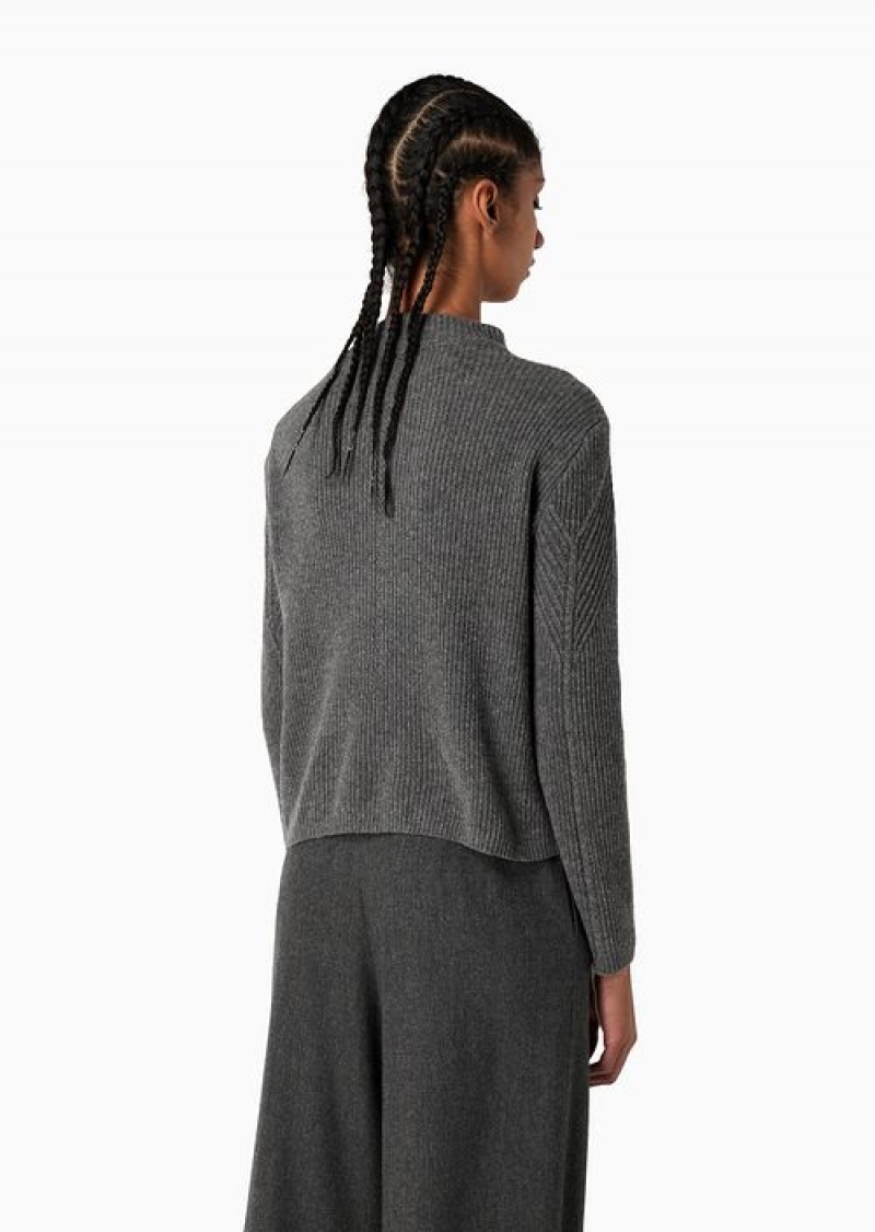 Grey Emporio Armani Asv Cob-stitch And Ribbed Virgin Wool Mock-neck Jumper | EA-SN56661