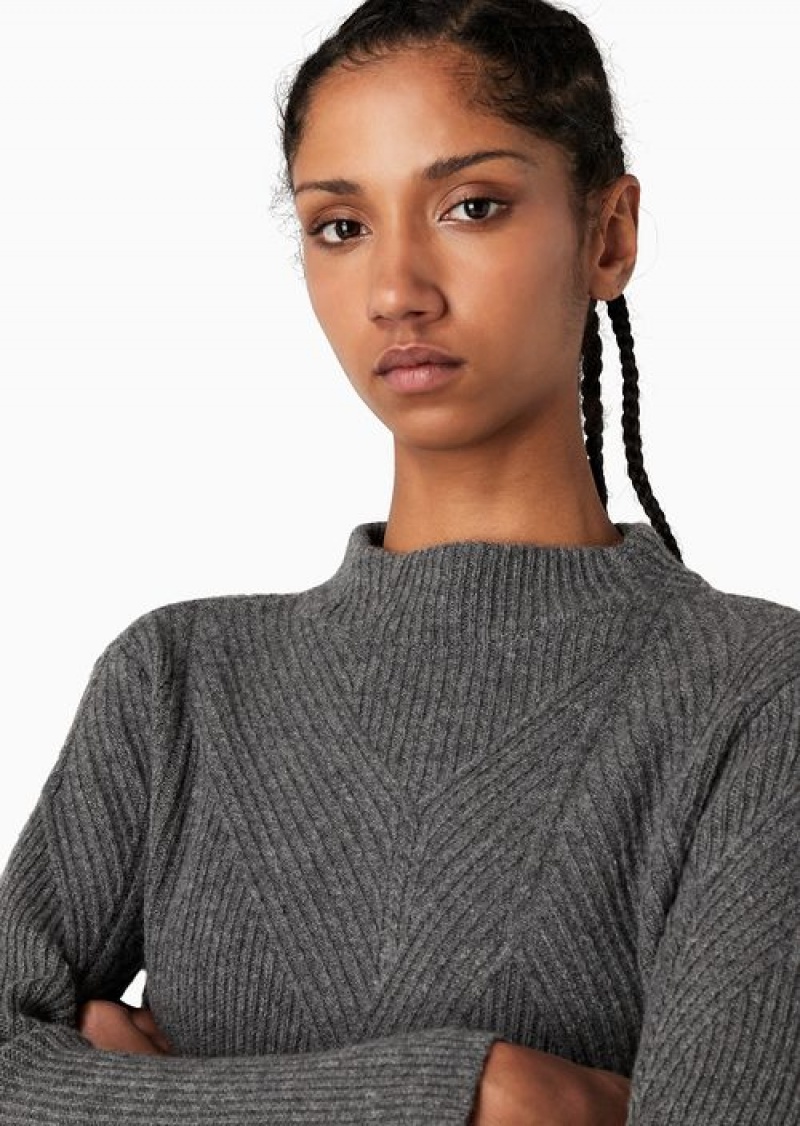 Grey Emporio Armani Asv Cob-stitch And Ribbed Virgin Wool Mock-neck Jumper | EA-SN56661