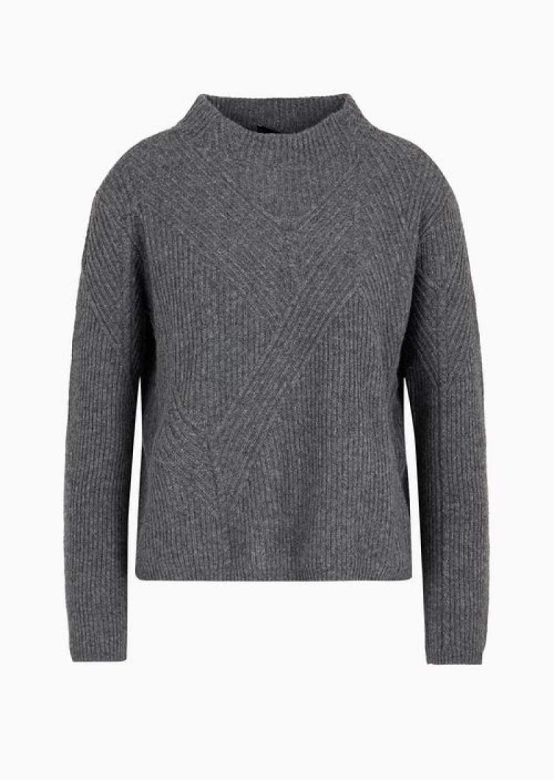 Grey Emporio Armani Asv Cob-stitch And Ribbed Virgin Wool Mock-neck Jumper | EA-SN56661