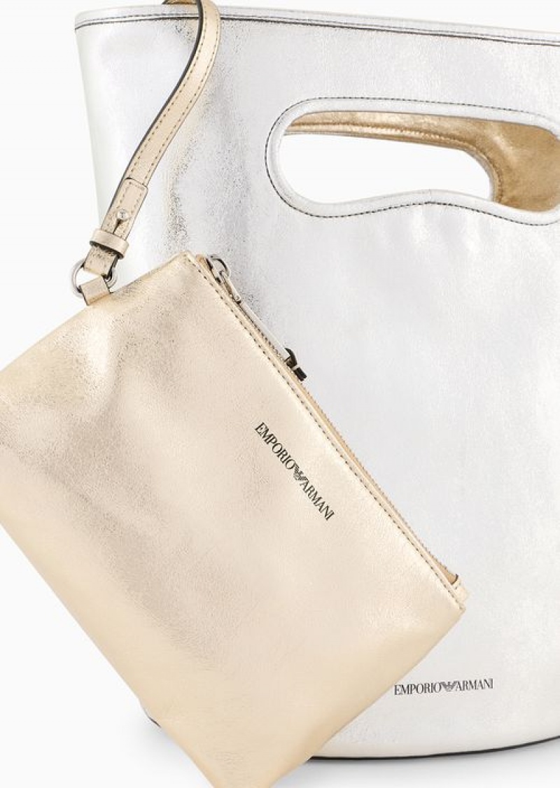 Grey Emporio Armani Crinkled-effect Lamé Bucket Shoulder Bag | EA-SN57432