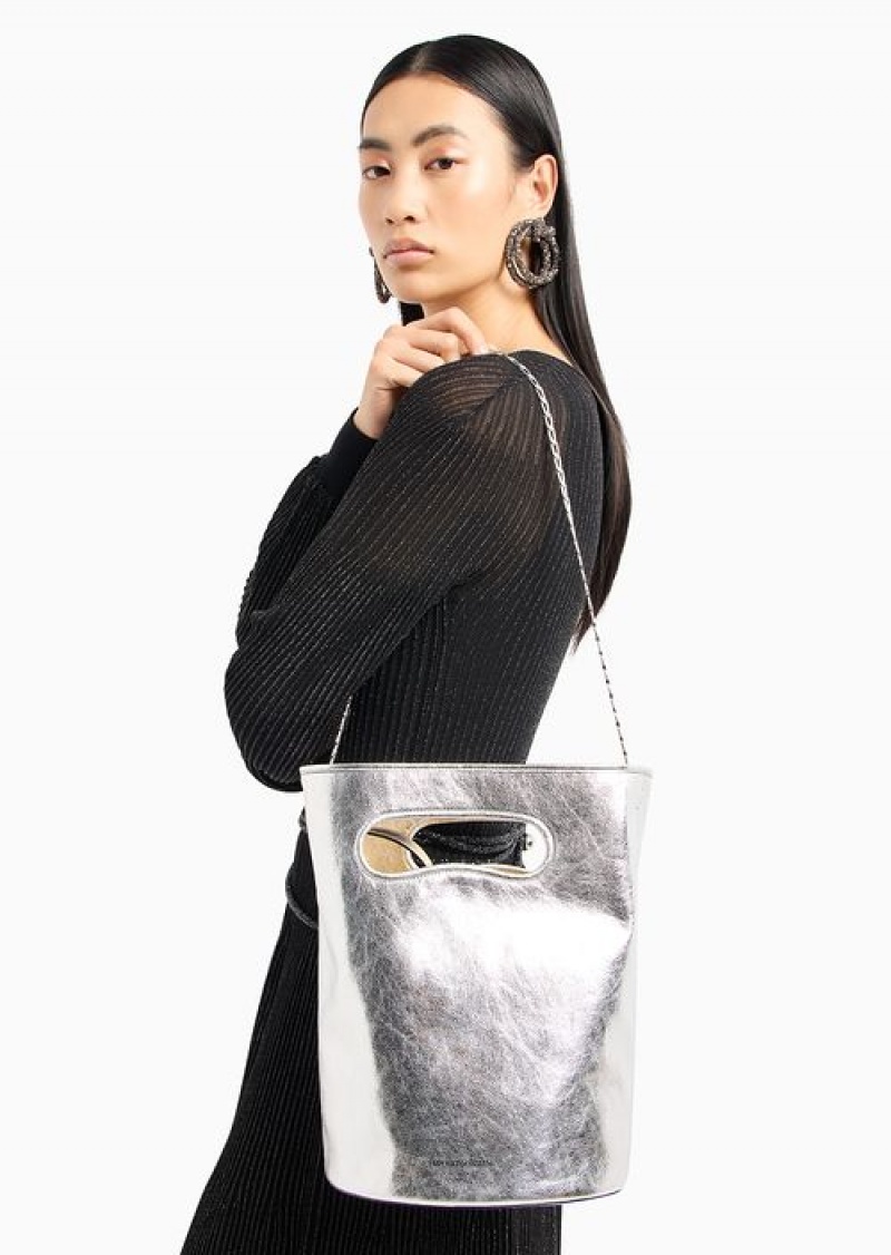 Grey Emporio Armani Crinkled-effect Lamé Bucket Shoulder Bag | EA-SN57432