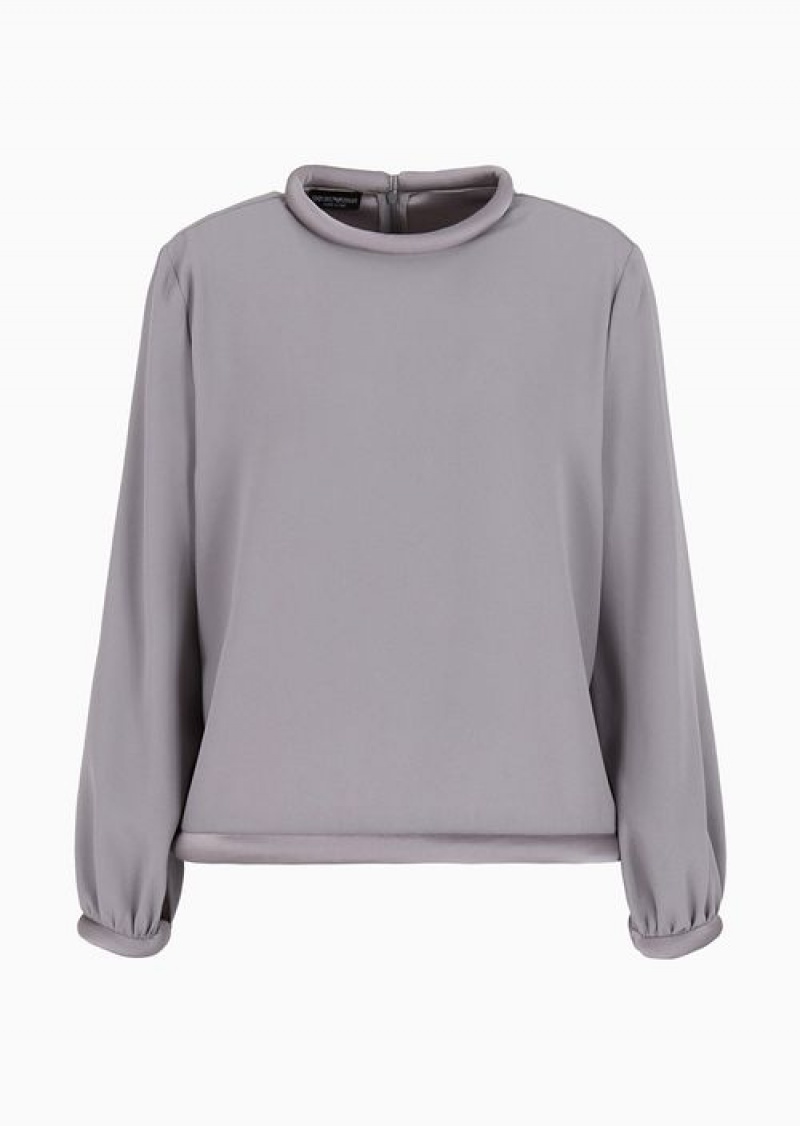 Grey Emporio Armani Envers Satin Blouse With Tubular Piping | EA-SN56924