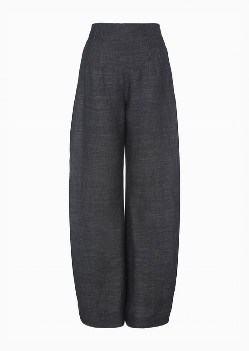 Grey Emporio Armani Icon Denim-effect Wool And Linen-blend Oval-leg Trousers | EA-SN56801