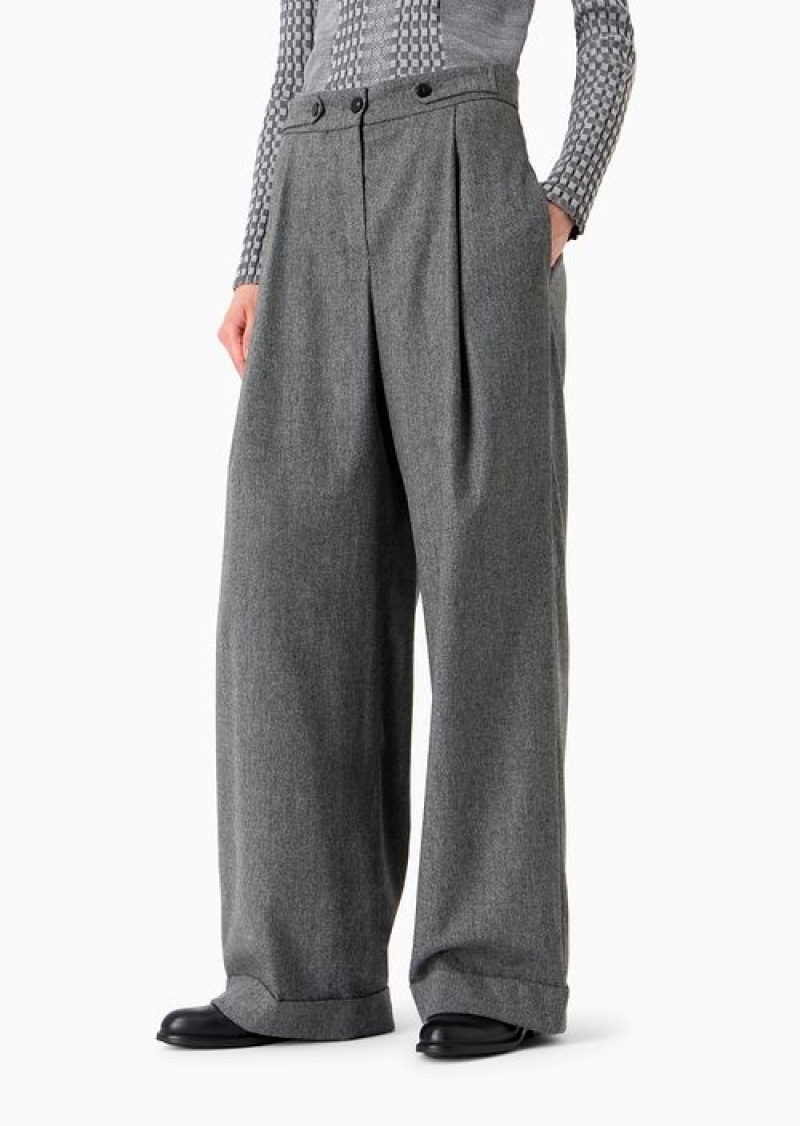 Grey Emporio Armani Icon MéLange Wool Flannel Trousers With Darts And Strap Detail | EA-SN56840