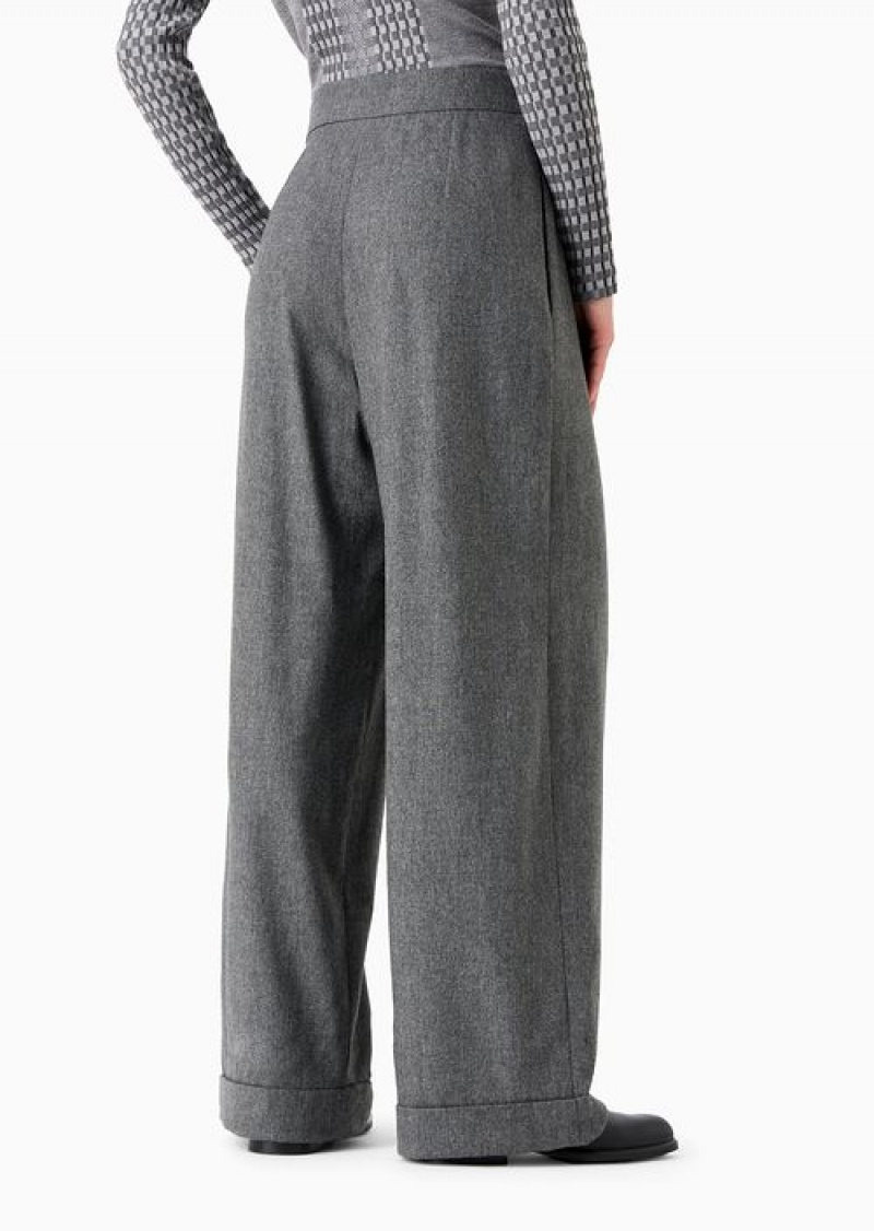 Grey Emporio Armani Icon MéLange Wool Flannel Trousers With Darts And Strap Detail | EA-SN56840