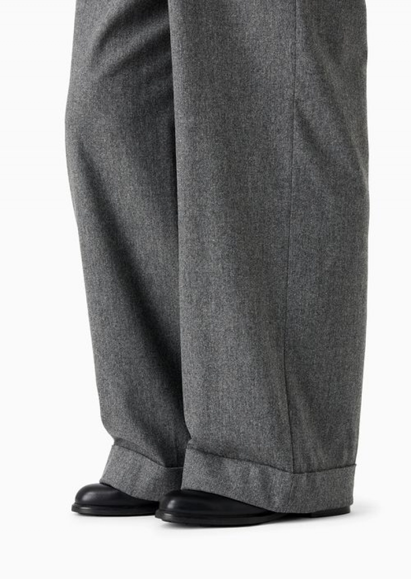 Grey Emporio Armani Icon MéLange Wool Flannel Trousers With Darts And Strap Detail | EA-SN56840