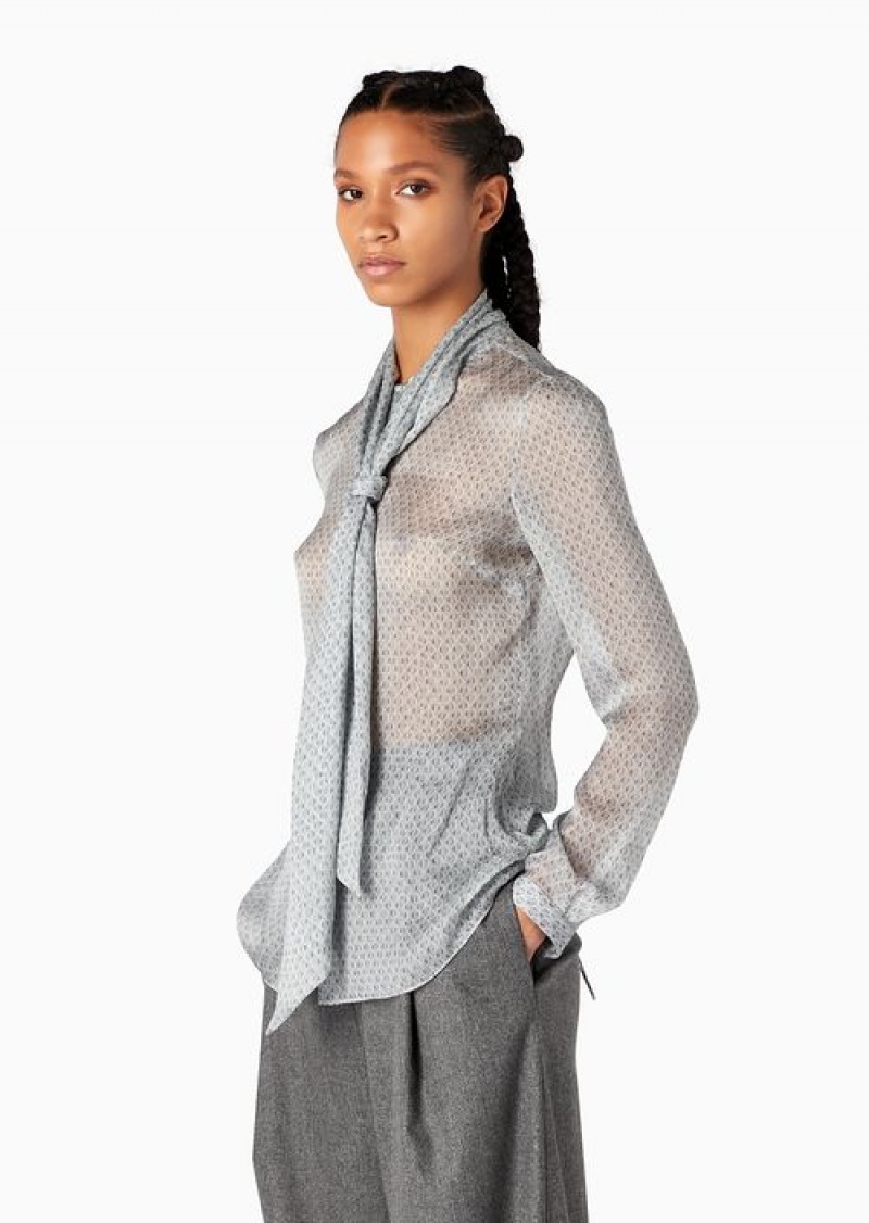 Grey Emporio Armani Icon Silk Chiffon Shirt With Foulard Collar And Oversized Knitwear-effect Print | EA-SN56944