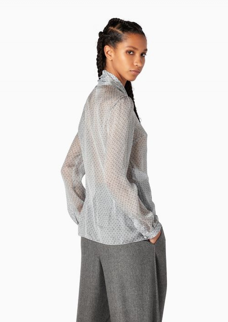 Grey Emporio Armani Icon Silk Chiffon Shirt With Foulard Collar And Oversized Knitwear-effect Print | EA-SN56944