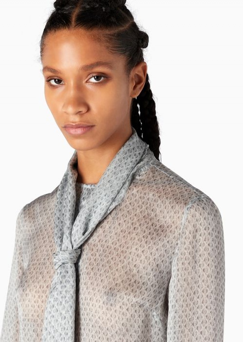 Grey Emporio Armani Icon Silk Chiffon Shirt With Foulard Collar And Oversized Knitwear-effect Print | EA-SN56944