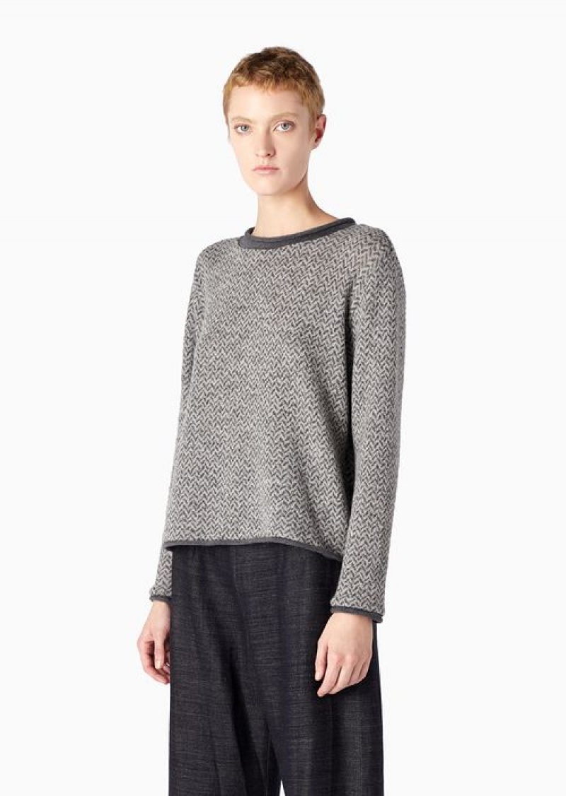 Grey Emporio Armani Icon Virgin-wool Herringbone Jacquard Jumper | EA-SN56671