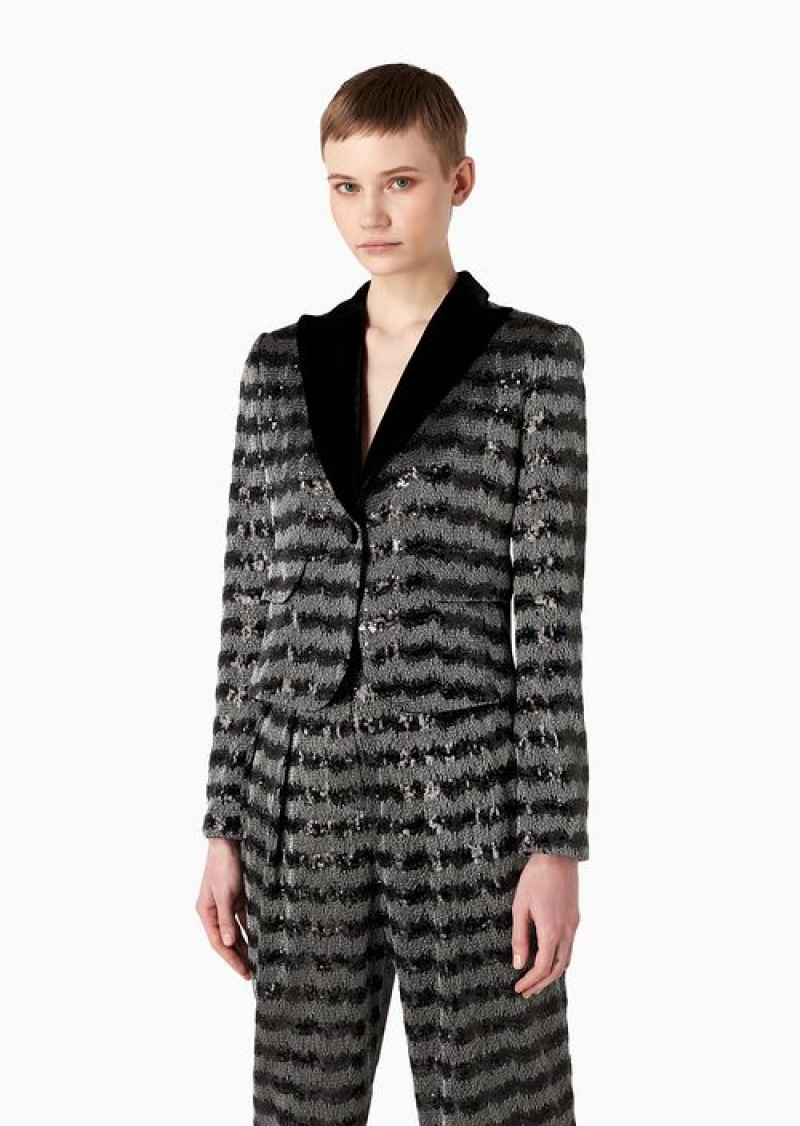 Grey Emporio Armani Jacket With A Chevron Motif With All-over Sequins And Velvet Lapels | EA-SN56462