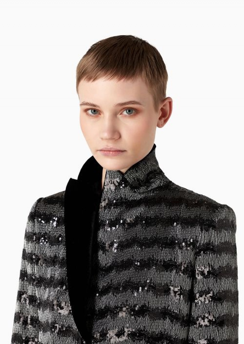 Grey Emporio Armani Jacket With A Chevron Motif With All-over Sequins And Velvet Lapels | EA-SN56462