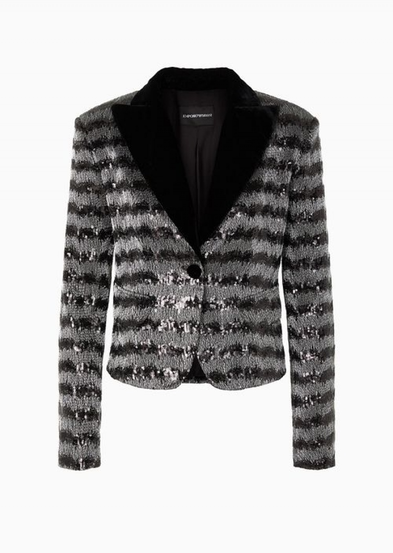 Grey Emporio Armani Jacket With A Chevron Motif With All-over Sequins And Velvet Lapels | EA-SN56462