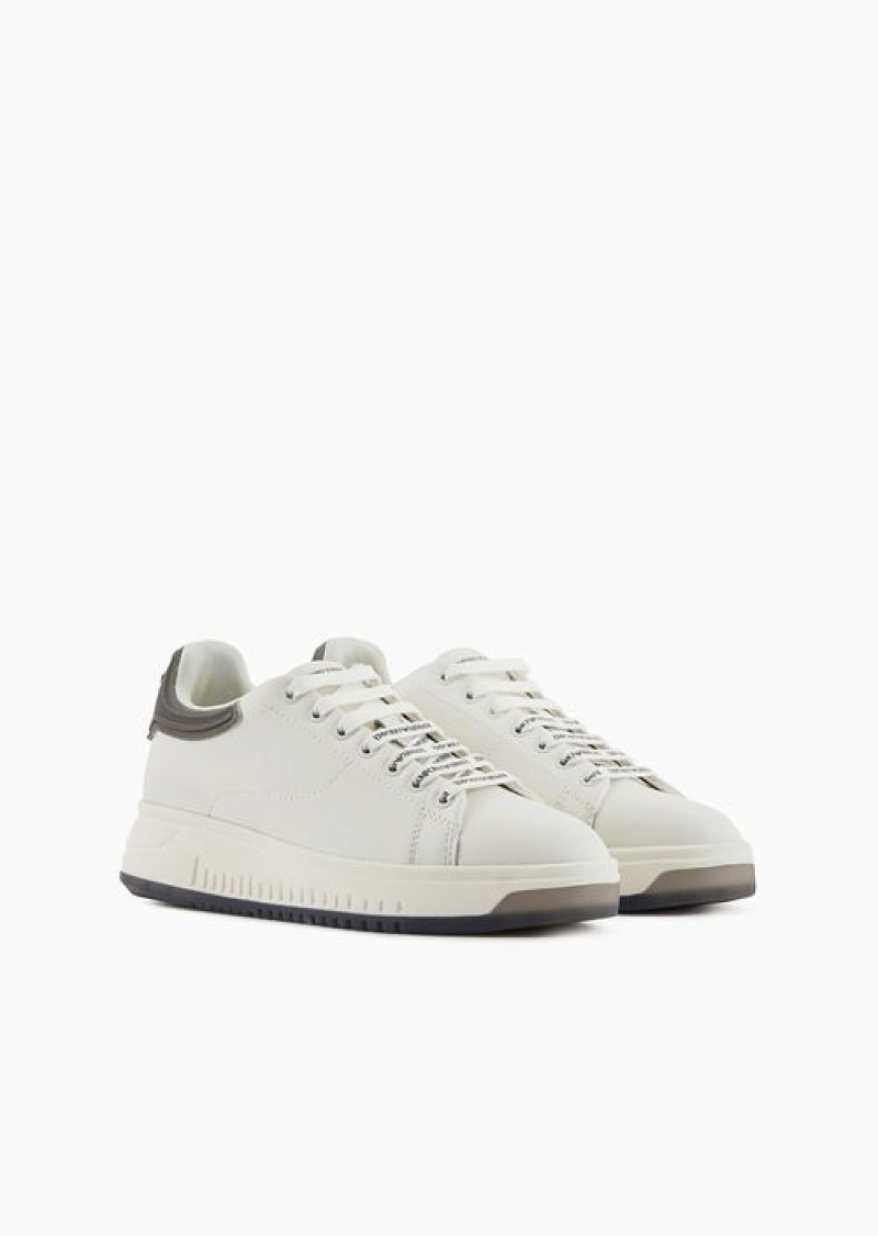 Grey Emporio Armani Leather Sneakers With Contrasting Rubber Back | EA-SN57231