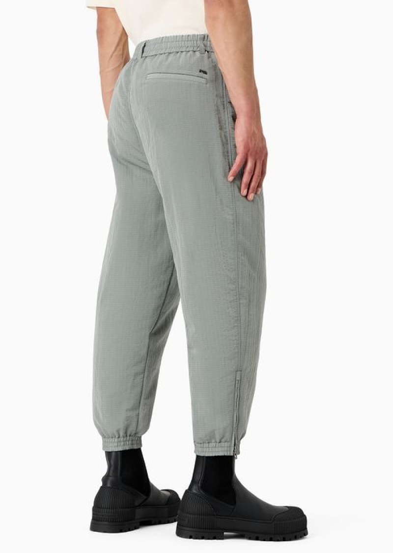 Grey Emporio Armani Light Nylon Seersucker Trousers With Stretch Hem And Zip | EA-SN58418