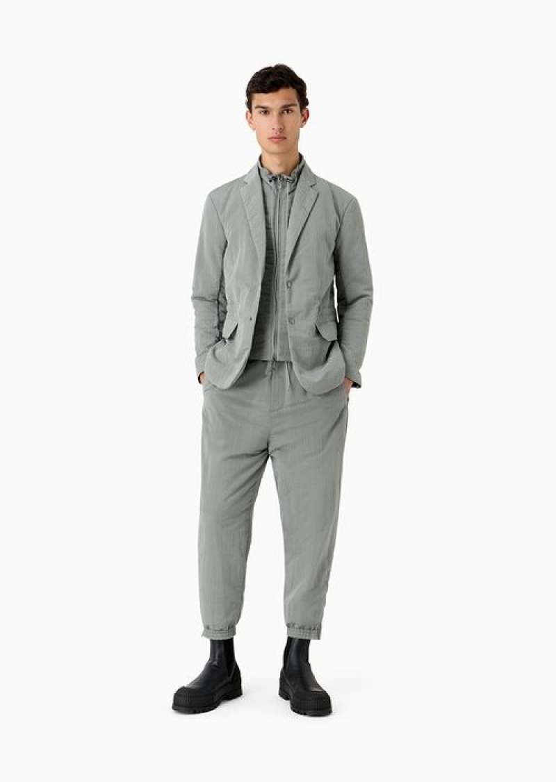 Grey Emporio Armani Light Nylon Seersucker Trousers With Stretch Hem And Zip | EA-SN58418