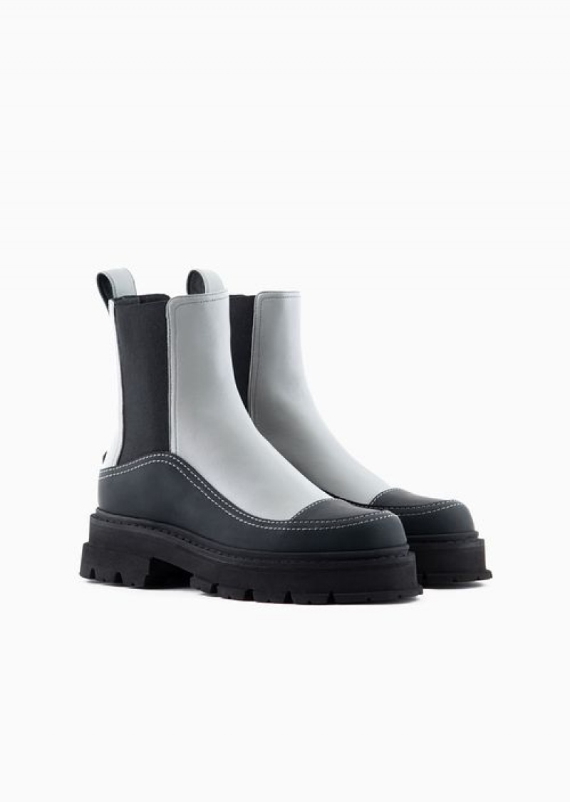 Grey Emporio Armani Nappa Leather Chelsea Boots With Rubberised Details And Chunky Sole | EA-SN57101