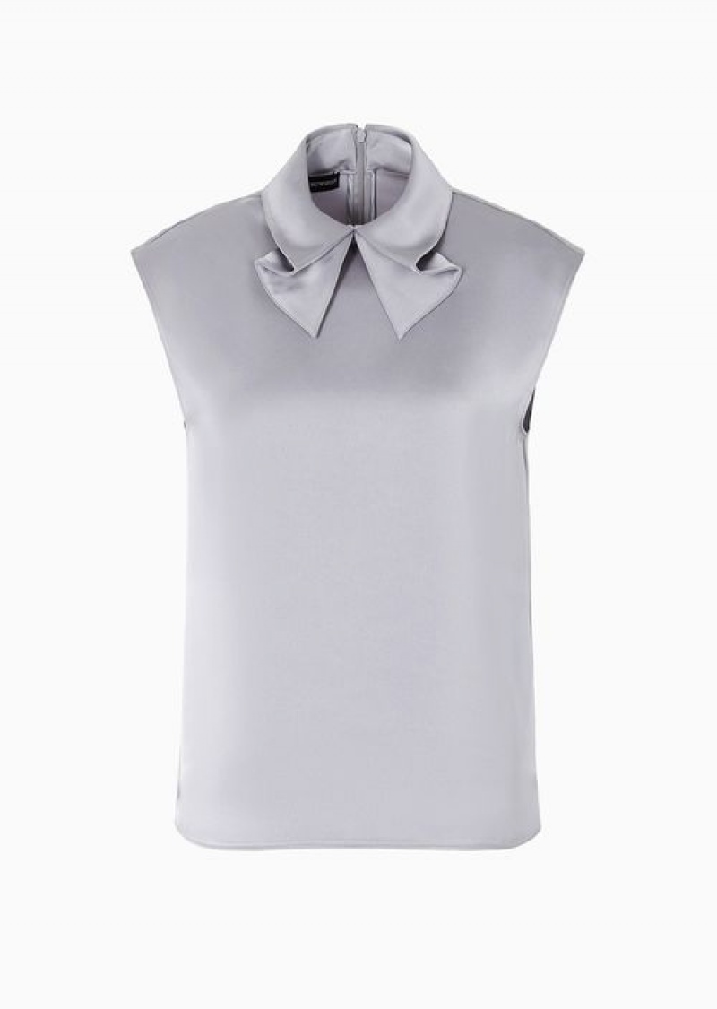 Grey Emporio Armani Satin Top With Bow Collar | EA-SN56931