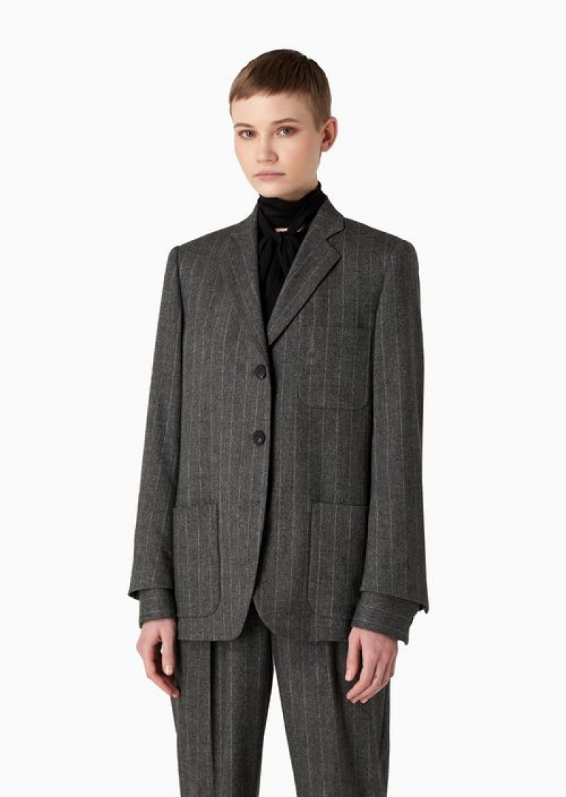 Grey Emporio Armani Single-breasted Blazer In A Pinstriped MéLange Wool Blend | EA-SN56433