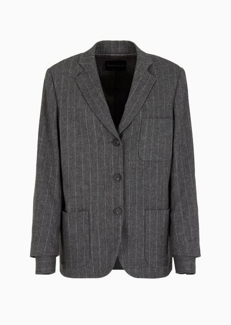 Grey Emporio Armani Single-breasted Blazer In A Pinstriped MéLange Wool Blend | EA-SN56433