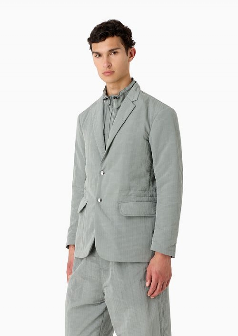 Grey Emporio Armani Single-breasted Jacket With Full-zip Detachable Inner Panel In Lightweight Nylon Seersucker | EA-SN57835