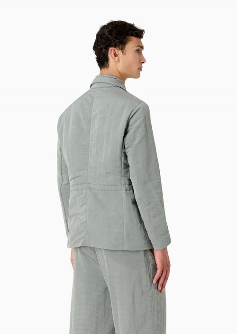 Grey Emporio Armani Single-breasted Jacket With Full-zip Detachable Inner Panel In Lightweight Nylon Seersucker | EA-SN57835