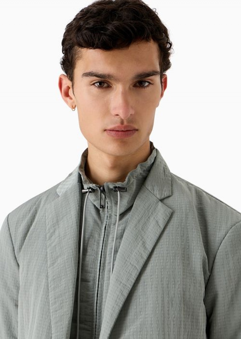 Grey Emporio Armani Single-breasted Jacket With Full-zip Detachable Inner Panel In Lightweight Nylon Seersucker | EA-SN57835