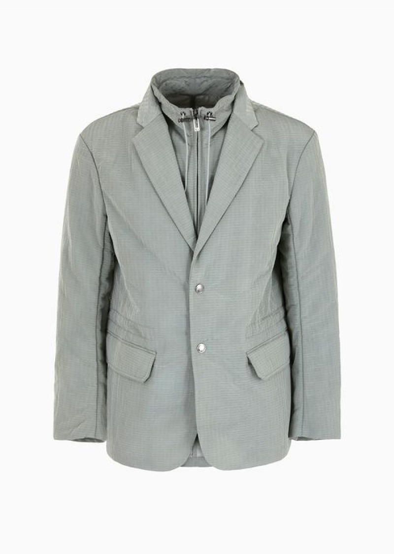 Grey Emporio Armani Single-breasted Jacket With Full-zip Detachable Inner Panel In Lightweight Nylon Seersucker | EA-SN57835