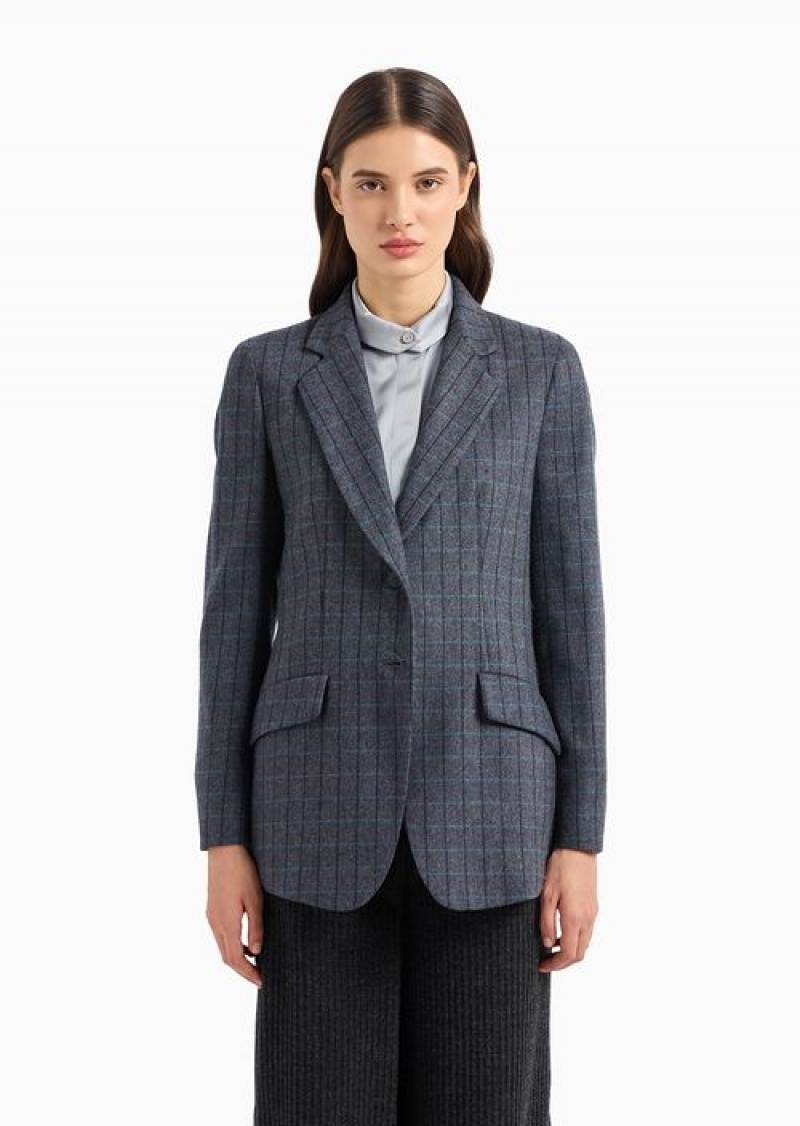 Grey Emporio Armani Single-breasted, MéLange Check Wool-blend Jacket | EA-SN56434