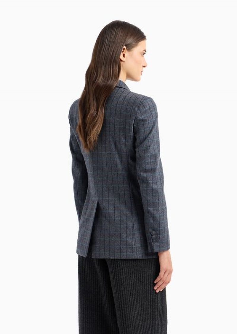 Grey Emporio Armani Single-breasted, MéLange Check Wool-blend Jacket | EA-SN56434