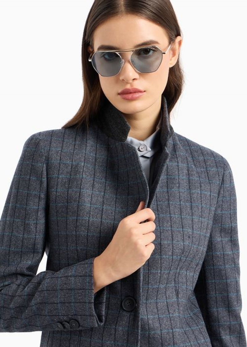 Grey Emporio Armani Single-breasted, MéLange Check Wool-blend Jacket | EA-SN56434