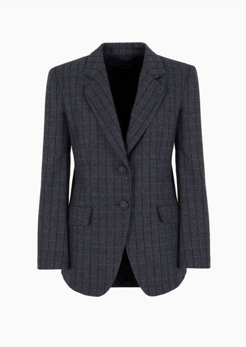 Grey Emporio Armani Single-breasted, MéLange Check Wool-blend Jacket | EA-SN56434