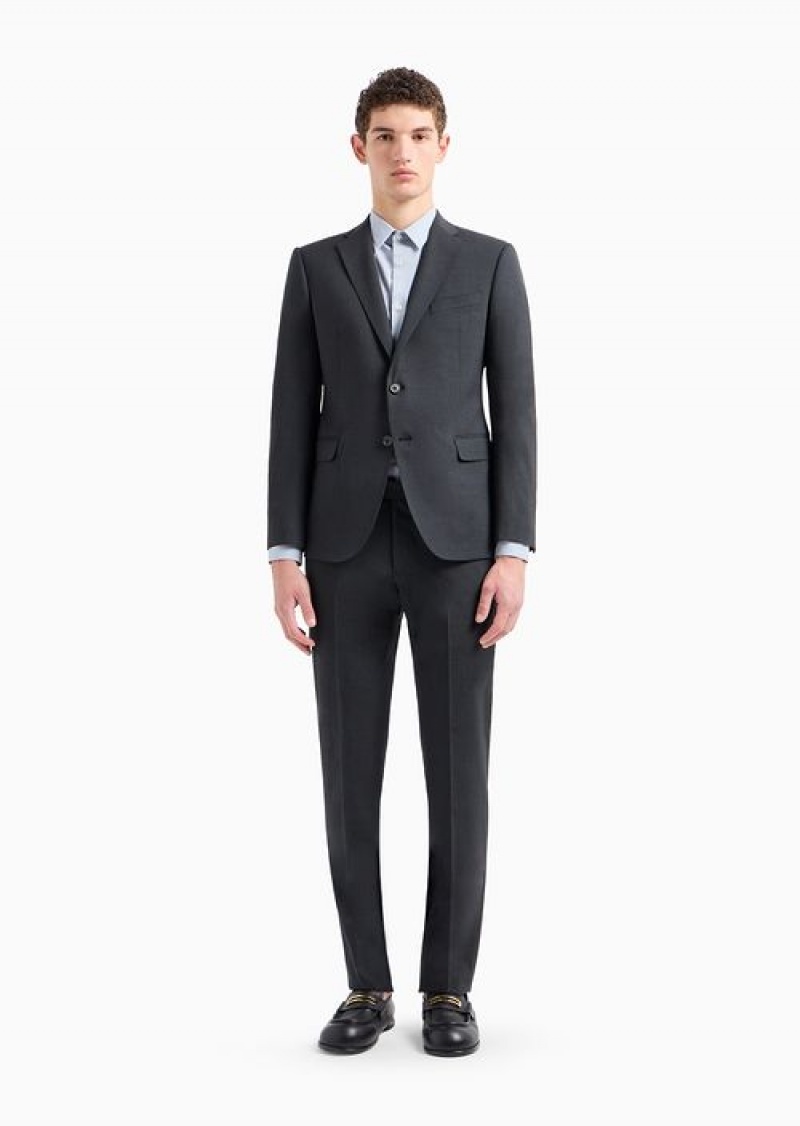 Grey Emporio Armani Single-breasted, Slim-fit Two-way Stretch Virgin Wool Suit | EA-SN58478