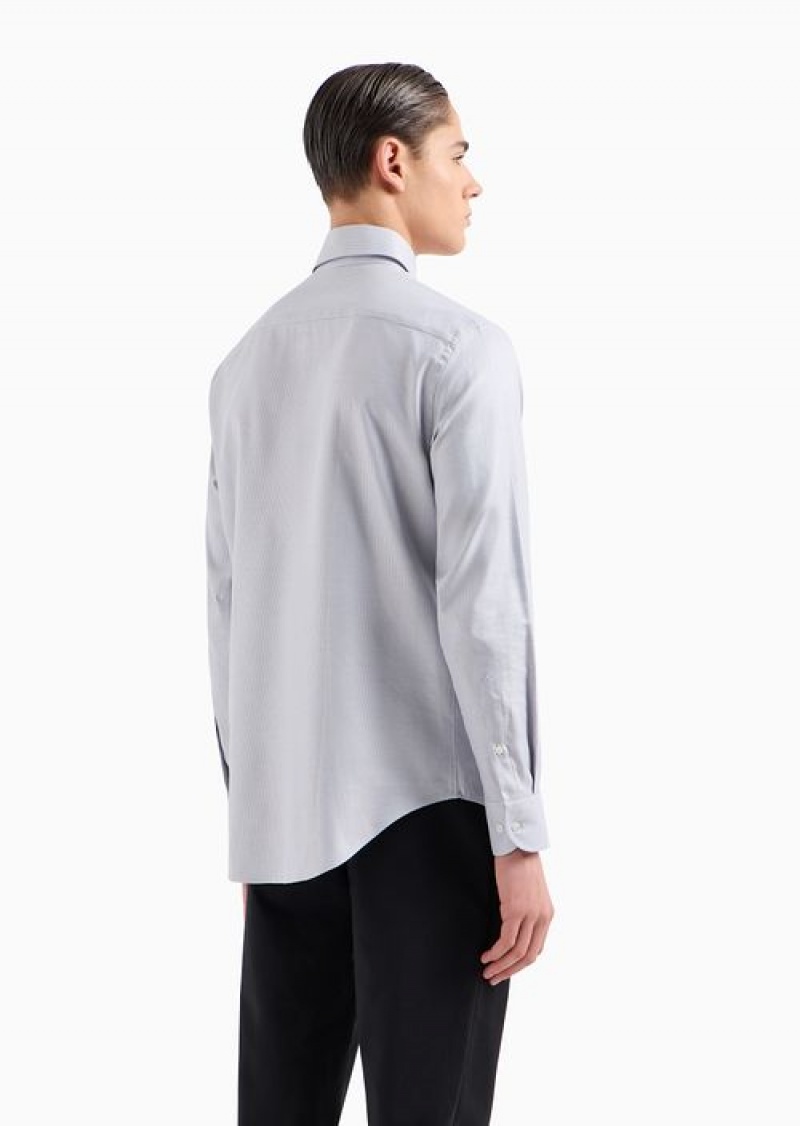 Grey Emporio Armani Textured Cotton Shirt With Micro Houndstooth Motif | EA-SN57893