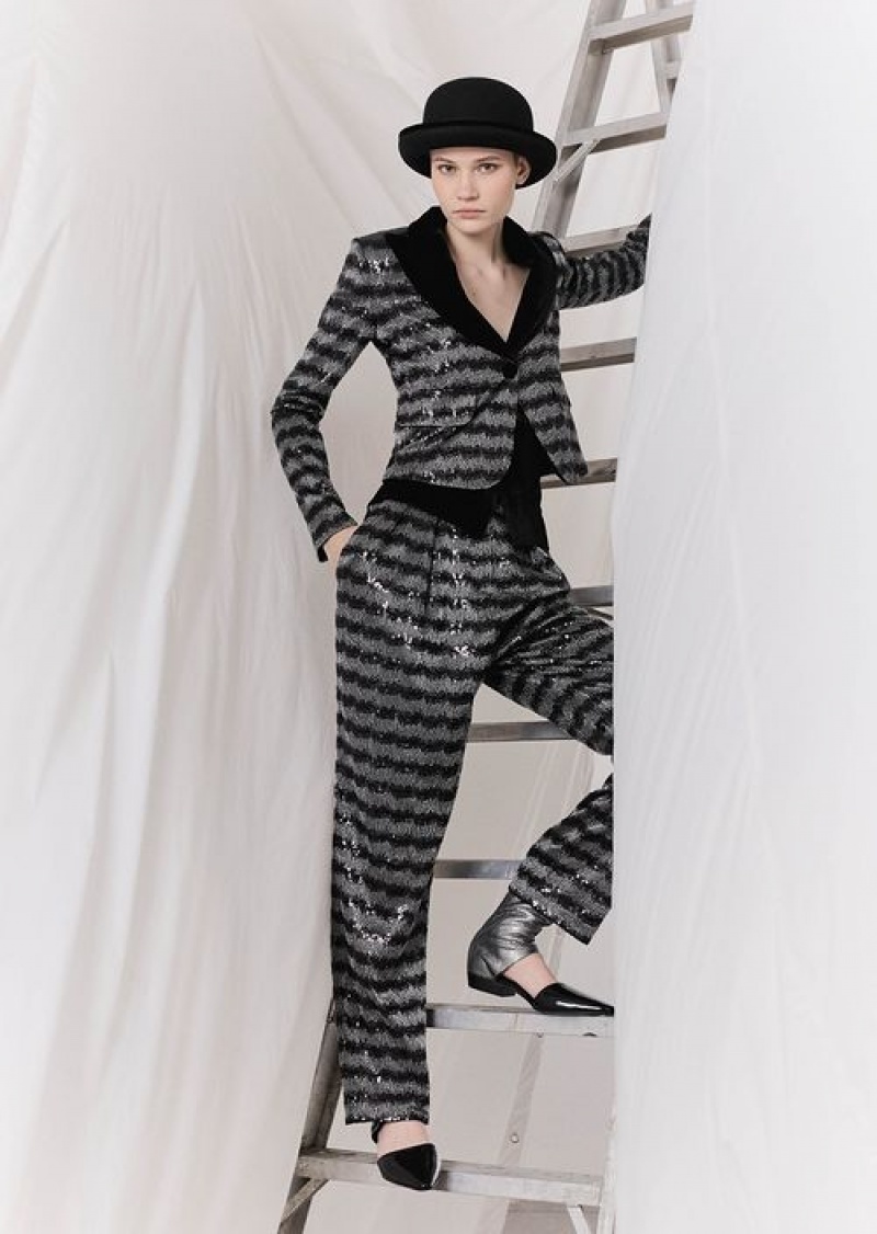 Grey Emporio Armani Trousers With A Chevron Motif With All-over Sequins And A Velvet Peplum | EA-SN56848