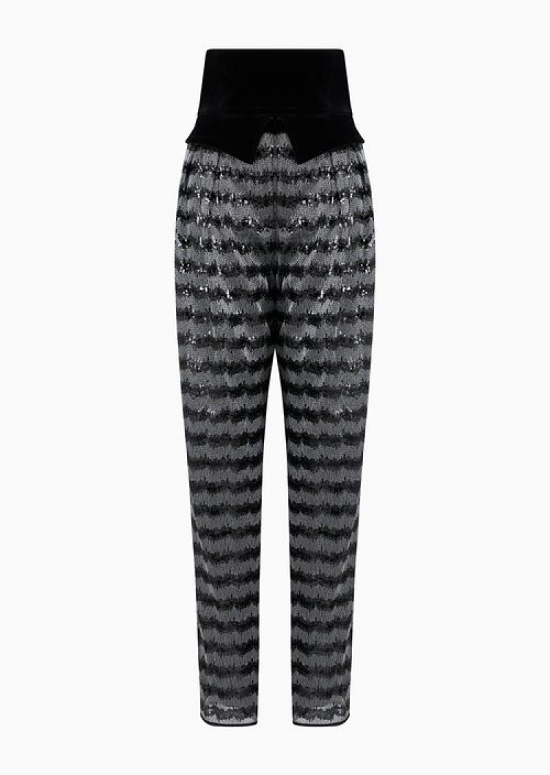 Grey Emporio Armani Trousers With A Chevron Motif With All-over Sequins And A Velvet Peplum | EA-SN56848