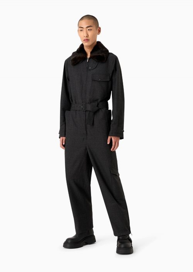 Grey Emporio Armani Virgin-wool Grisaille Aviator Jumpsuit With Faux-fur Collar | EA-SN58271