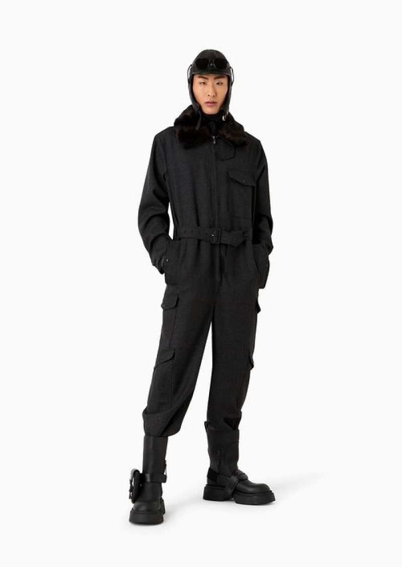 Grey Emporio Armani Virgin-wool Grisaille Aviator Jumpsuit With Faux-fur Collar | EA-SN58271