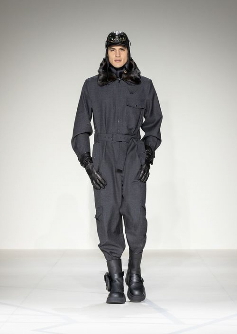 Grey Emporio Armani Virgin-wool Grisaille Aviator Jumpsuit With Faux-fur Collar | EA-SN58271