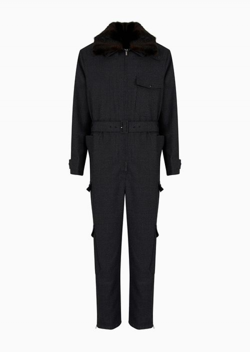 Grey Emporio Armani Virgin-wool Grisaille Aviator Jumpsuit With Faux-fur Collar | EA-SN58271